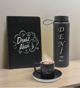 BK Gift Kişiye  Özel İsimli Siyah Defter, Cam Matara ve Türk Kahvesi Fincanı Hediye Seti-4, Arkadaşa Hediye, Sevgiliye Hediye, Yeni İş Hediyesi