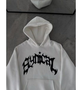 Kışlık Kapşonlu Baskılı Oversize SweatShirt- Beyaz