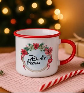 BK Gift Kişiye Özel İsimli Yılbaşı Tasarımlı Kırmızı Emaye Kupa Bardak -5, Arkadaşa Hediye, Yeni Yıl Hediyesi