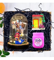 Kişiye Özel 3 Fotoğraflı Denizkızı Fanus (Işıklı), Kokulu Pembe Mum ve Magnet Hediyesi
