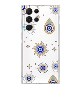 PrintiFy Samsung Galaxy S22 Ultra ile Uyumlu 1mm Slim Fit Nazar Boncuğu 5 Baskılı Şeffaf  Kılıf
