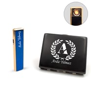 Kişiye Özel Mavi USB Sürgülü Çakmak & Metal Tabaka Hediye Seti