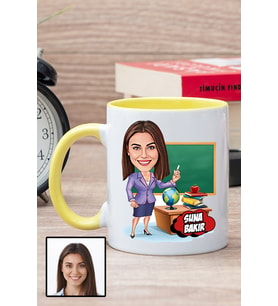 Kadın Öğretmene Hediye Kişiye Özel Karikatürlü Sarı Kupa Bardak
