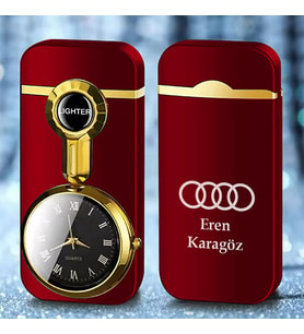 Kişiye Özel İsim ve Araç Markası Logo Amblem Baskılı Gazlı Saatli Çakmak (Bordo)
