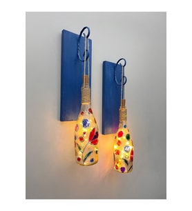 Led Işıklı Ahşap Koyu Mavi Renkli Vitray Cam Salon Bar Bahçe Dekoru Şampanya Şişesi Aplik 2'li Set (Çok Renkli)