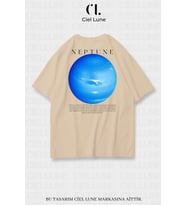 Nevermind Unisex Kadın Erkek Neptün Baskılı Özel Tasarım Oversize T-shirt (Bej)