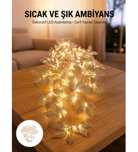 Gümüş Yaprak Tasarımlı LED Işık Pilli Ev ve Vitrin Dekoru