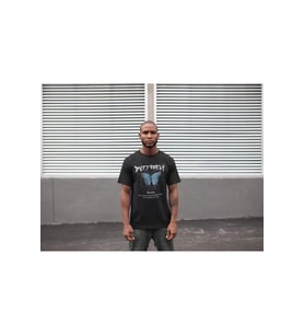 Unisex Bisiklet Yaka Baskılı Oversize T-Shirt - Siyah