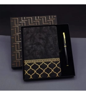 Dodes Gold Desen Siyah Deri Defter Kalem Set