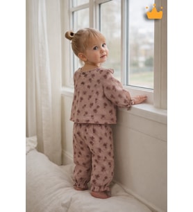 Fırfır Yakalı Çiçek Desenli Müslin Kız Bebek Üst ve Pantolon İkili Set Takım Babyhola 2010 (Somon)
