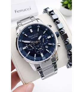 Ferrucci İç Fonksiyonları Aktif 30mt Suya Dayanıklı Çelik Kordon + Bileklik Hediyeli Erkek Kol Saati VS.BLKT.0956