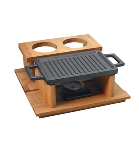 Lava Döküm Dikdörtgen Çift Yön Izgara ve Düz Yüzey Hot Plate Kayın Servis Ahşabı Ölçü 22x15cm. (Iısıtıcı dahil değildir)
