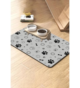 MAtGo Pati Kedi Köpek Beslenme Matı 50x70cm Su Geçirmez Mama Kabı Altlığı Paspas Siyah Beyaz Patiler