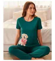 Mihra Kadın Milan Bisiklet Yaka Kısa Kol Likralı Pijama Takımı 50125P - 1 Adet (Petrol)