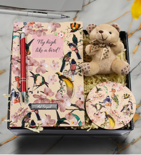Kişiye Özel Kuş Motifli Defter & Peluş Ayıcık & Bardak Altlığı & Kalem Hediye Seti