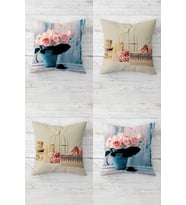 Vintage Gül ve Kafes Desenli Gizli Fermuarlı Kırlent Kılıfı Koltuk Yastık Kılıfı Takım(4ADET) (Bej - Pembe)