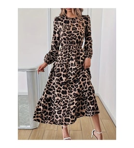 Uzun Kollu Bisiklet Yaka Leopar Desenli Midi Süprem Elbise