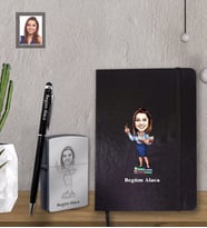 Kişiye Özel Öğretmen Karikatürlü  Siyah Defter Kalem Çakmak Hediye Seti  Bayan-19 (Model 1)
