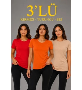3’lü Kısa Kollu Bisiklet Yaka Basic Slim Fit T-Shirt - Kırmızı - Turuncu - Bej