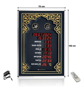Dijital Cami Saati 70x100 cm Kumandalı Büyük Boy  (Yeşil-Sarı)