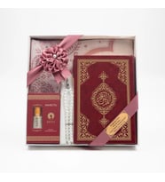 Takke + Esans + Tesbih + Seccade + Kuran Hediye Seti (Hafız Boy, Bordo)