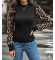 Kadın Uzun Kollu Yarı Balıkçı Yaka Leopar Detaylı Kaşkorse Bluz (Siyah)
