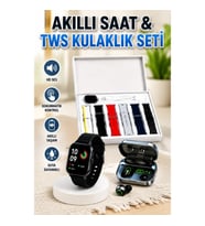 7 Kordonlu Akıllı Saat ve Bluetooth Kulaklık Seti Aynalı Powerbank Dijital Ekranlı