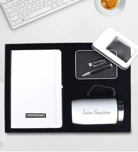 Kişiye Özel Süngerli Kutusunda Kişiye Özel Beyaz Defter & 32 GB Usb Siyah Kalem & 280 ML Kulplu Beyaz Çelik Termos Hediye Seti