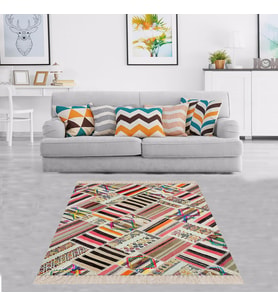 Kilim Desenli Renk Bloklu Etnik Dijital Baskı Yıkanabilir Kaymaz Taban Modern Salon Halı ve Yolluk (Çok Renkli)
