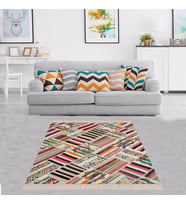 Kilim Desenli Renk Bloklu Etnik Dijital Baskı Yıkanabilir Kaymaz Taban Modern Salon Halı ve Yolluk (Çok Renkli)