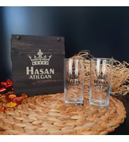 Kişiye Özel Kral Tacı Desenli  ve İsim Yazılı Ahşap Hediye Kutulu 2 li Rakı Bardağı Seti