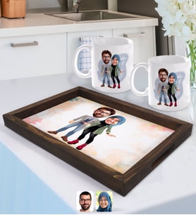 BK Gift Kişiye Özel Sevgililer Karikatürlü Doğal Ahşap Tepsi ve 2’li Kupa Bardak Seti-60