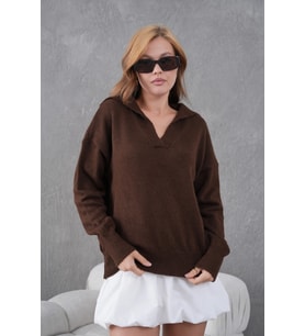 kadın kahve polo yaka oversize yarım pat yumuşak dokulu triko kazak 8585sw