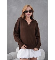 kadın kahve polo yaka oversize yarım pat yumuşak dokulu triko kazak 8585sw