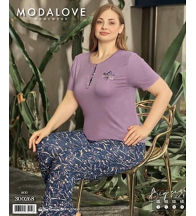 Modalove Kadın Battal Bambu Viskon Kumaş Kısa Kol Pijama Takımı (Lila)