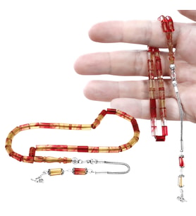 Ateş Kehribar Tesbih - 925 Ayar Gümüş Püsküllü - Mini Boy - Kırmızı Beyaz Renk - Kesme Kesim