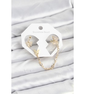 Model Pirinç Gold Renk Zincir Bağlantılı Ear Cuff Küpe Seti - TJ-BKP11548