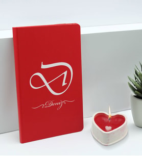 BK Gift Kişiye Özel İsimli Kırmızı Defter ve Kalp Taş Obje Kokulu Mum Hediye Seti-3, Sevgiliye Hediye, Arkadaşa Hediye