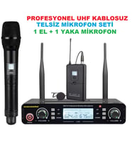 PROFESYONEL UHF KABLOSUZ TELSİZ MİKOFON SETİ ( 1 EL + 1 YAKA MİKOFON)