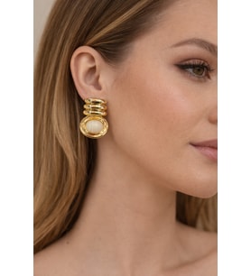 Gold Kaplama Krem Taşlı Modern Küpe