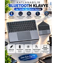 Alüminyum Şarjlı 64 Tuşlu Türkçe Q Klavye Deri Standlı Katlanabilir Bluetooth Dokunmatik Touchpad