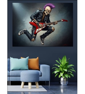 Elektro Gitar Çalan İskelet Punk Dekoratif Kanvas - Mdf Ahşap Tablo