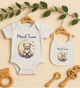 Pia Baby Premium %100 Pamuk İsme Özel Organik Baskılı Çıtçıtlı Bebek Body Ve Önlük 5082-20 (Ekru)