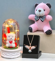 Renkli Anka Kuşu Kolye, Peluş Anahtarlık ve Led Işıklı Fanus Premium Hediye Seti (Model 5)