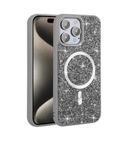 iPhone 15 Pro Kılıf Pırlanta Tasarımlı M-safe Şarj Özellikli Mozaik Silikon Kapak (Gri)