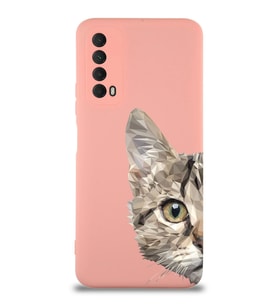 Huawei P Smart 2021 Uyumlu Lansman Kılıf Catface Tasarımlı İçi Kadife Kapak-Pembe (Şeffaf)
