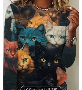 UZUN KOL KEDİ DESENLİ TİŞÖRT