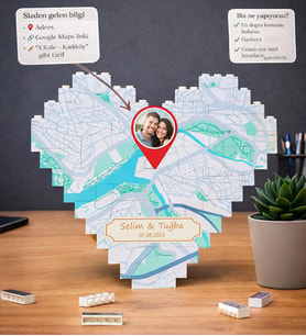 Kişiye Özel Fotoğraflı Sevgi Haritası 48 Parça Kalp Blok Puzzle