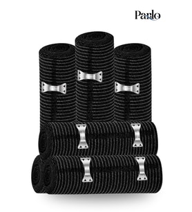 Parlo Siyah Elastik Bandaj 20 cm x 1,5 m 6’lı Set – %300 Esnek, 4,5 m’ye Kadar Uzayan, Metal Kancalı Destek ve Sargı Bandajı