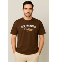 Erkek - Kadın %100 Pamuk San Francisco Baskılı Yarım Kollu Bisiklet Yaka T-Shirt (Kahverengi)